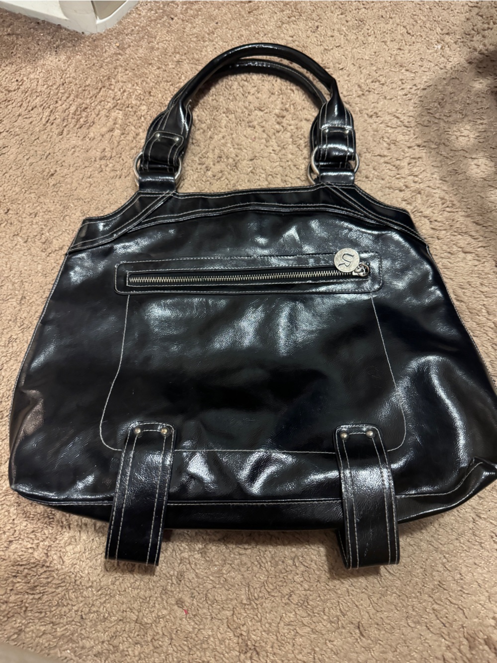 Black Faux Leather Tote Bag with Front Zip Pocket
